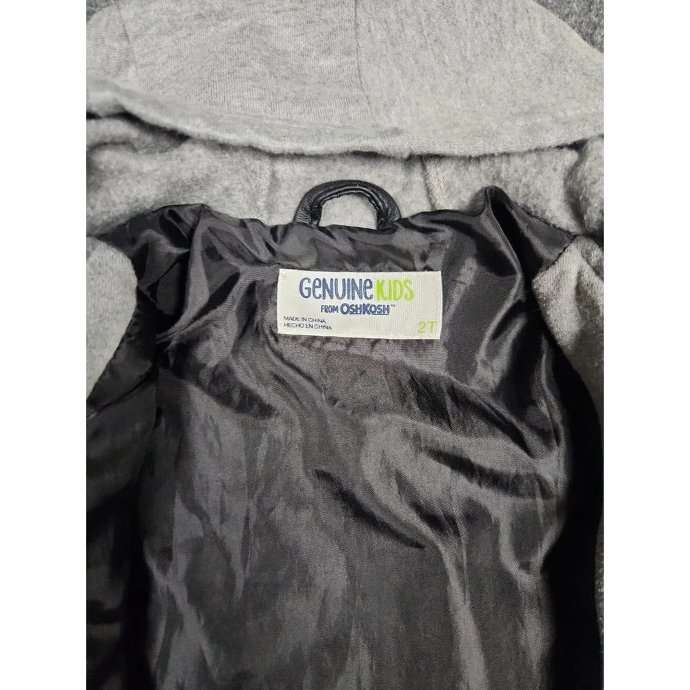 Genuine Kids OshKosh Toddler Faux Leather Moto Jacket Black Grey Hooded Coat 2T